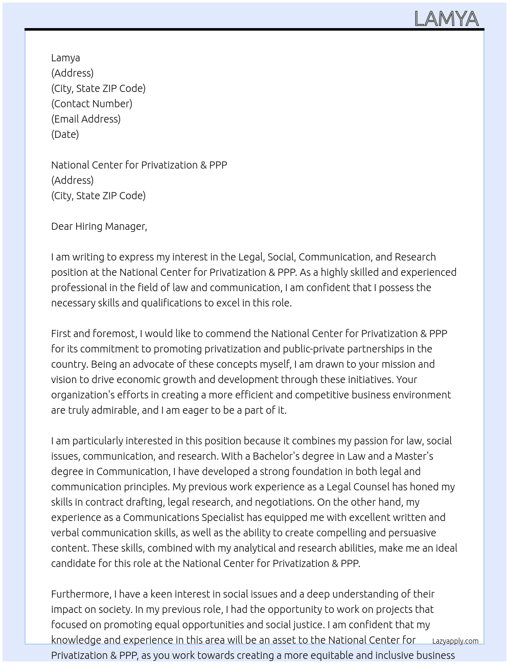 Legal, social, communication, research  At National Center for Privatization & PPP  Cover Letter