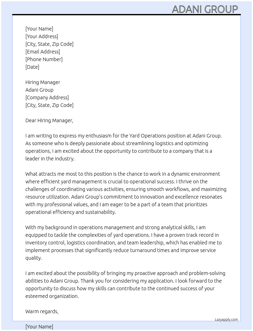 Cover letter for yard operation - LazyApply