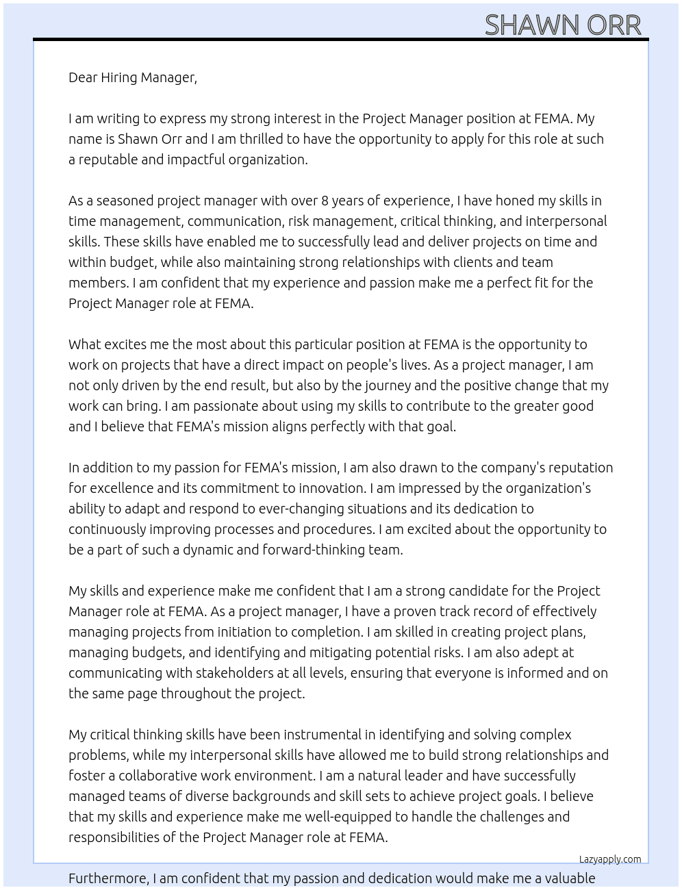 Project manager  At FEMA Cover Letter