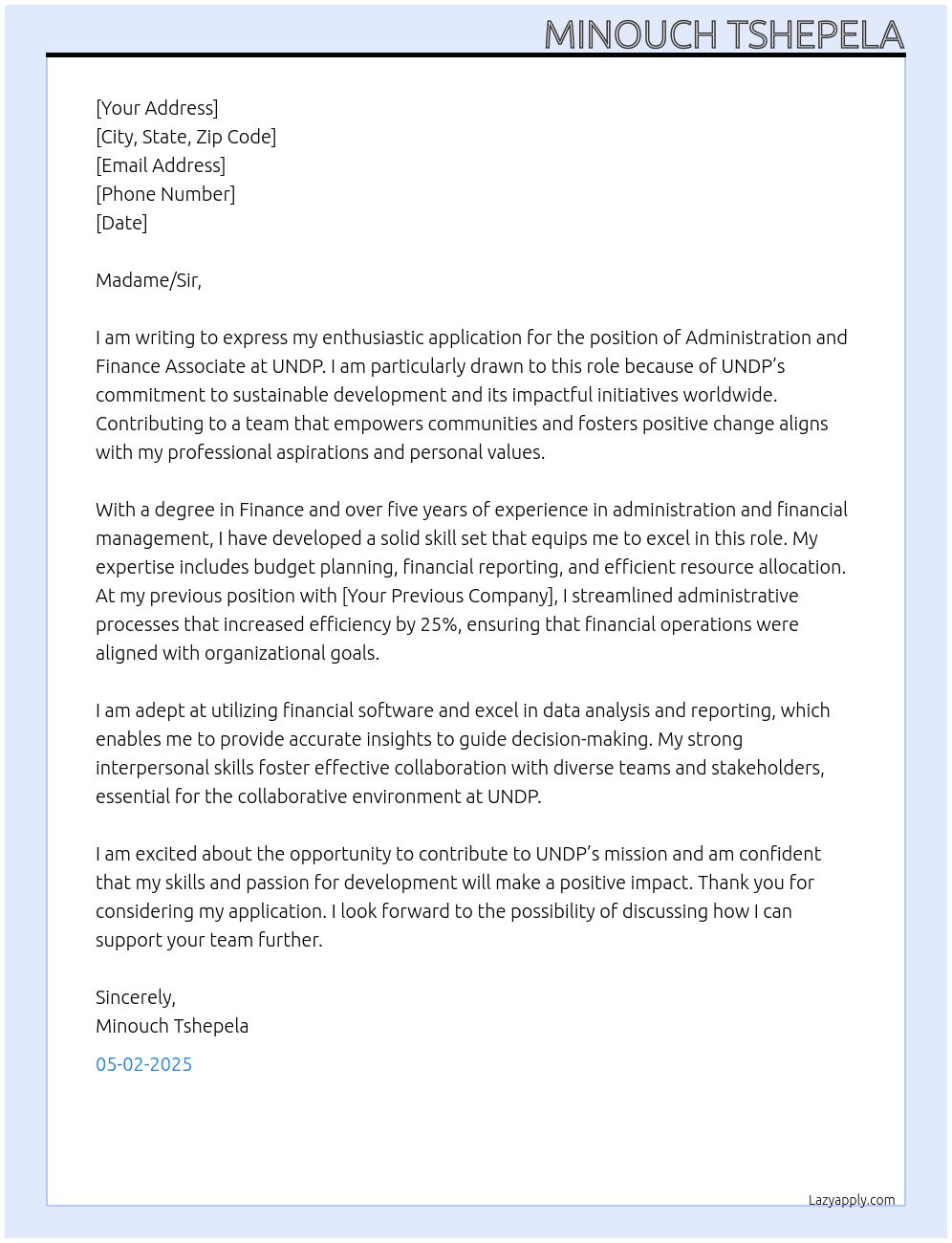 Cover letter for administration and finance associate - LazyApply
