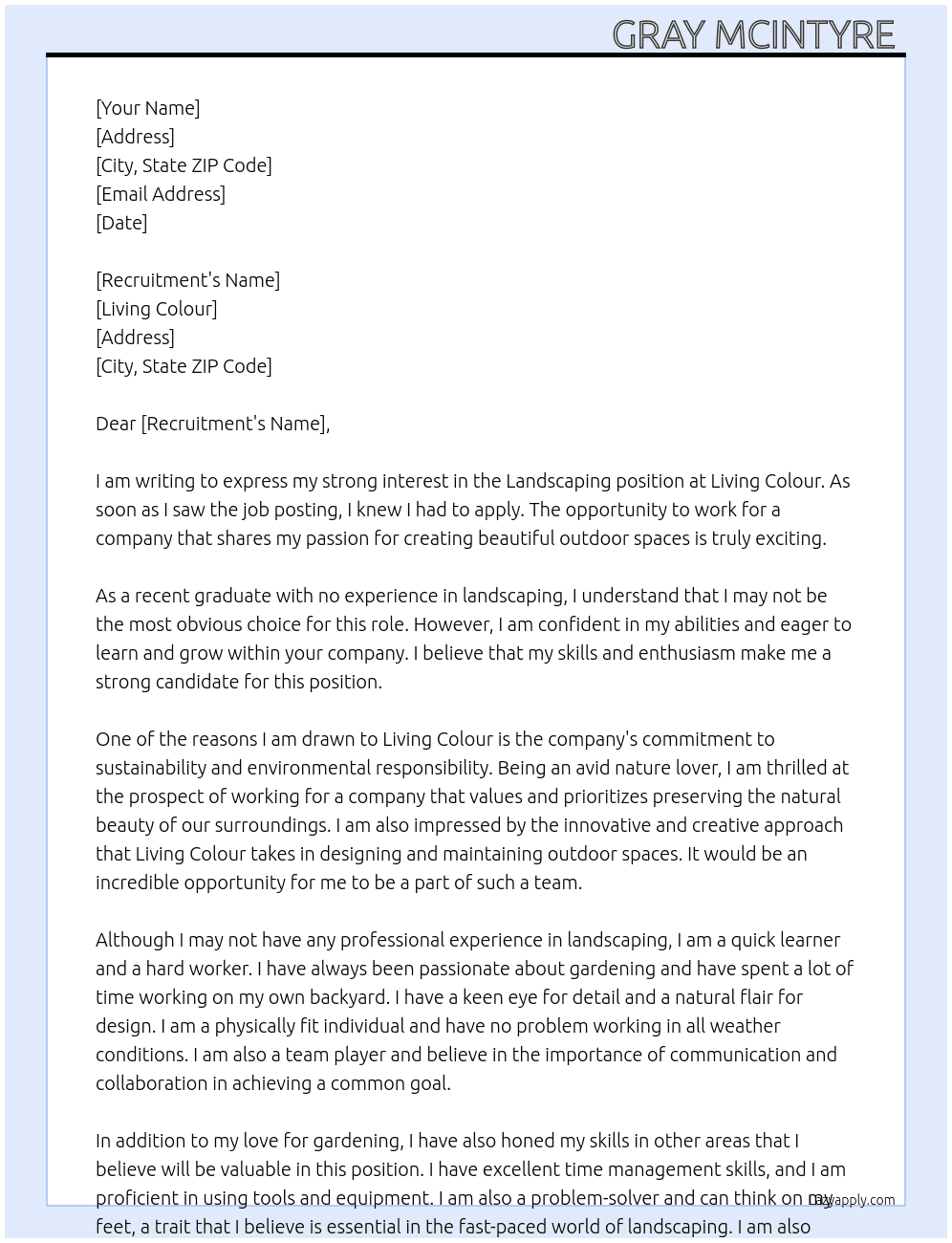 Landscaping  At Living colour  Cover Letter