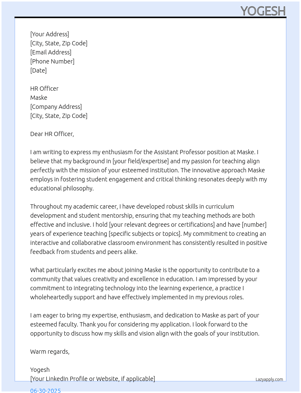 Assistant Professor  At Maske Cover Letter