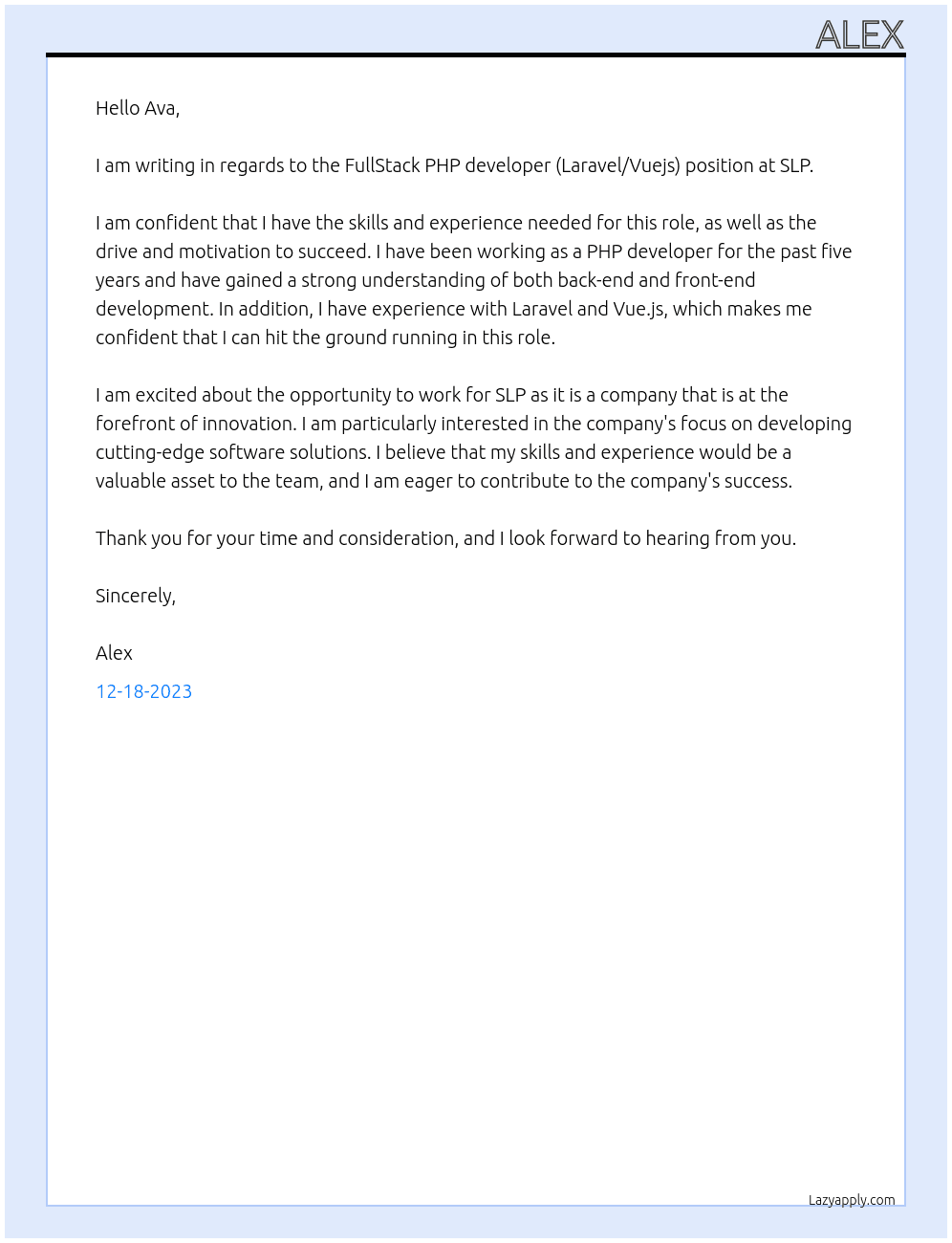 FullStack PHP developer (Laravel/Vuejs) At SLP Cover Letter