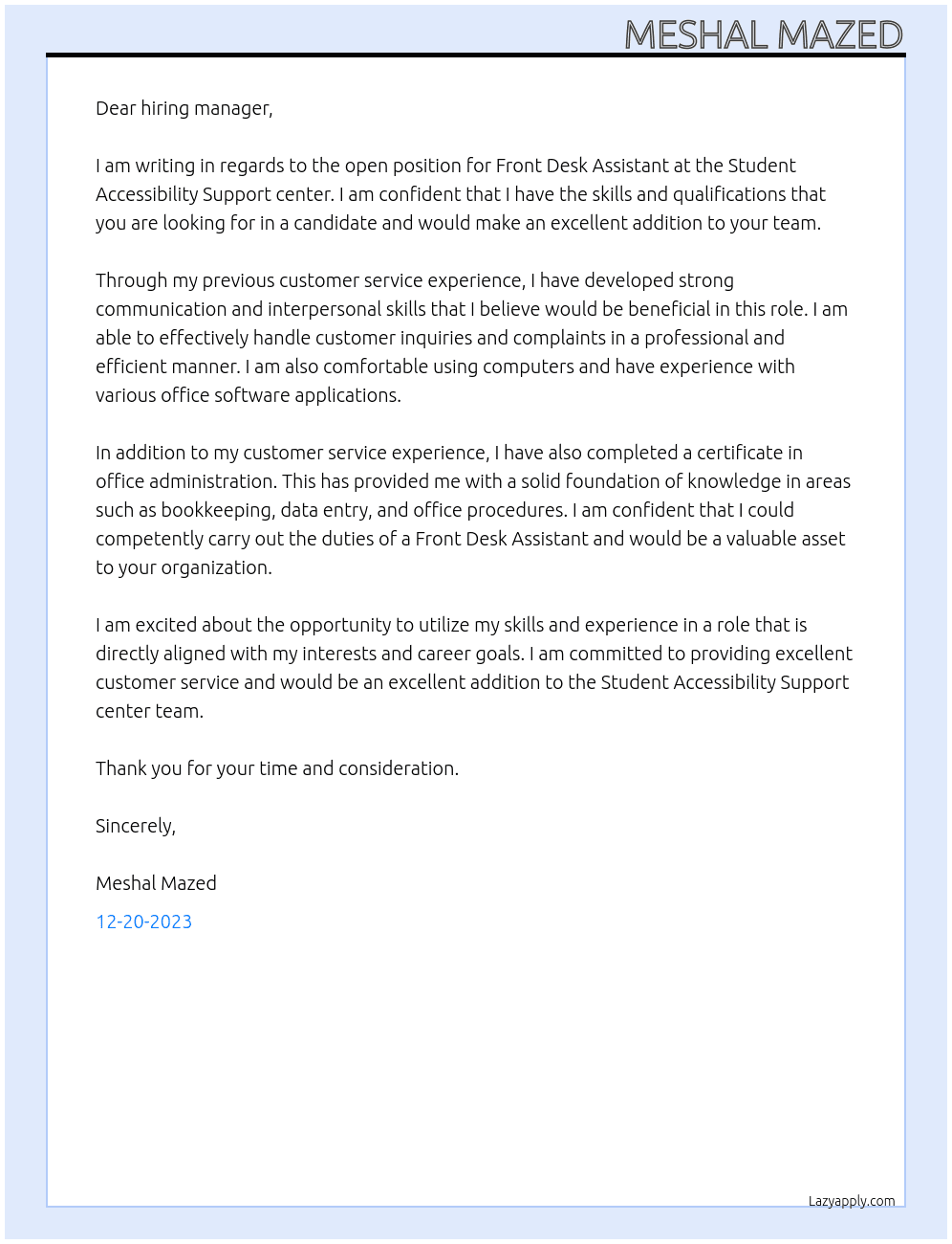 Front desk assistant At Student accessibility Support center Cover Letter