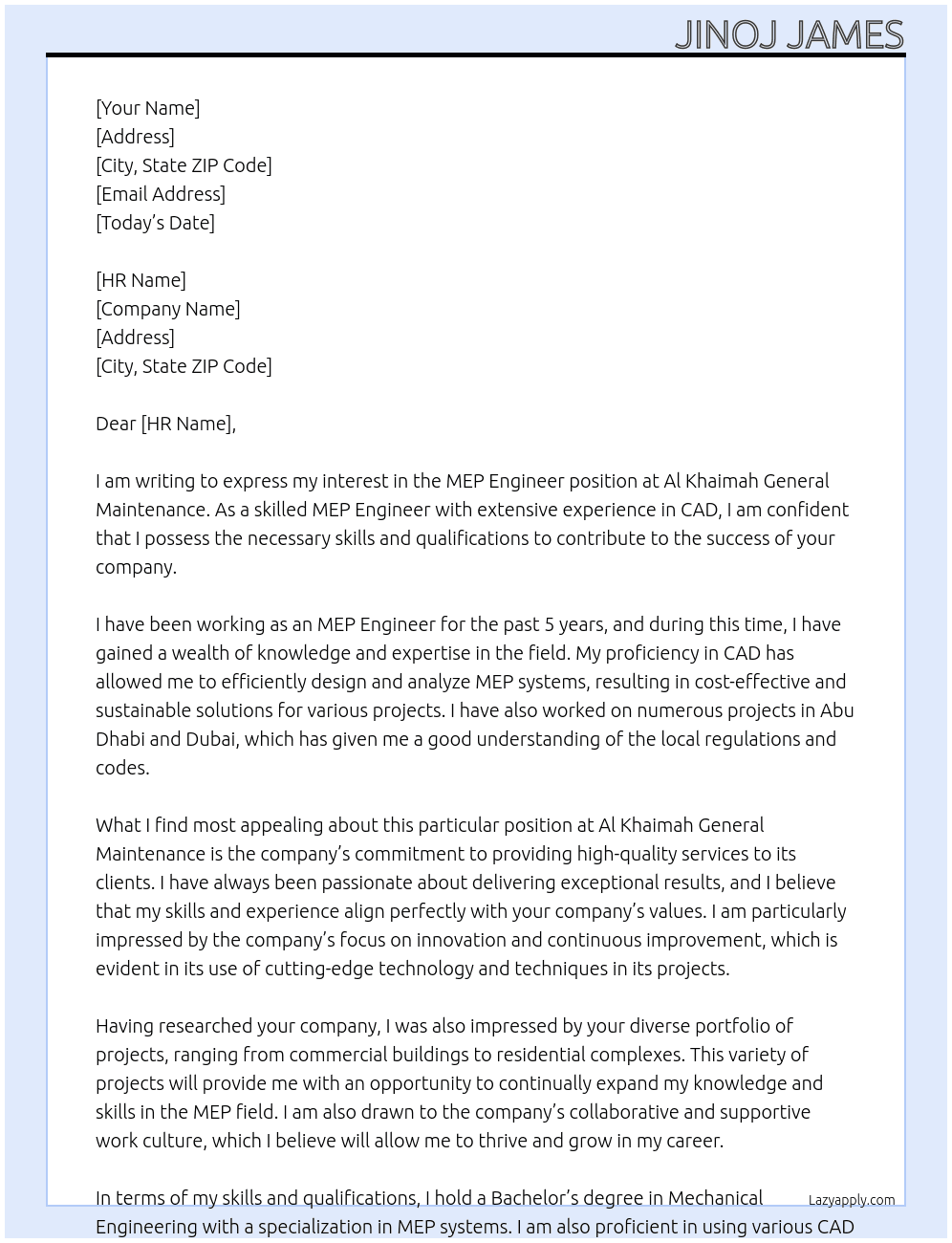 MEP ENGINEER  At Al Khaimah general Maintenance  Cover Letter
