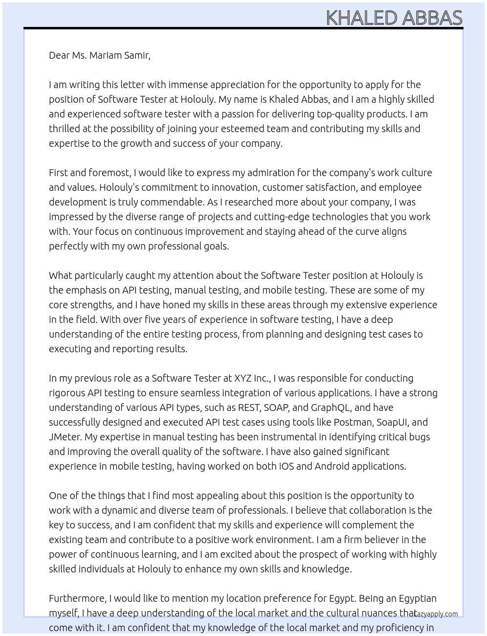 Software Tester At Holouly Cover Letter