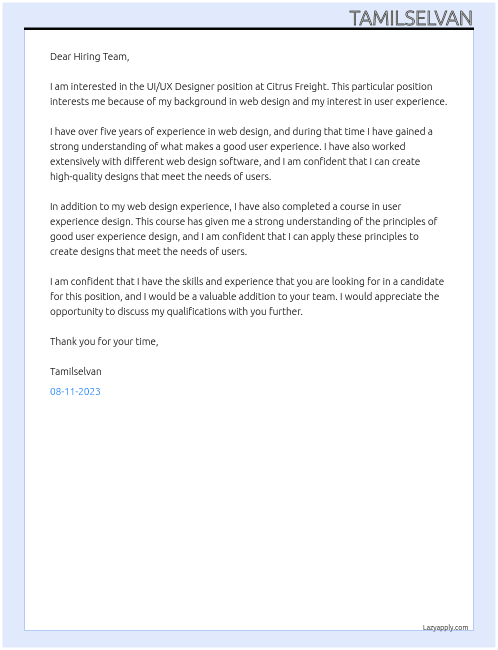 UI/UX Designer At Citrus Freight Cover Letter