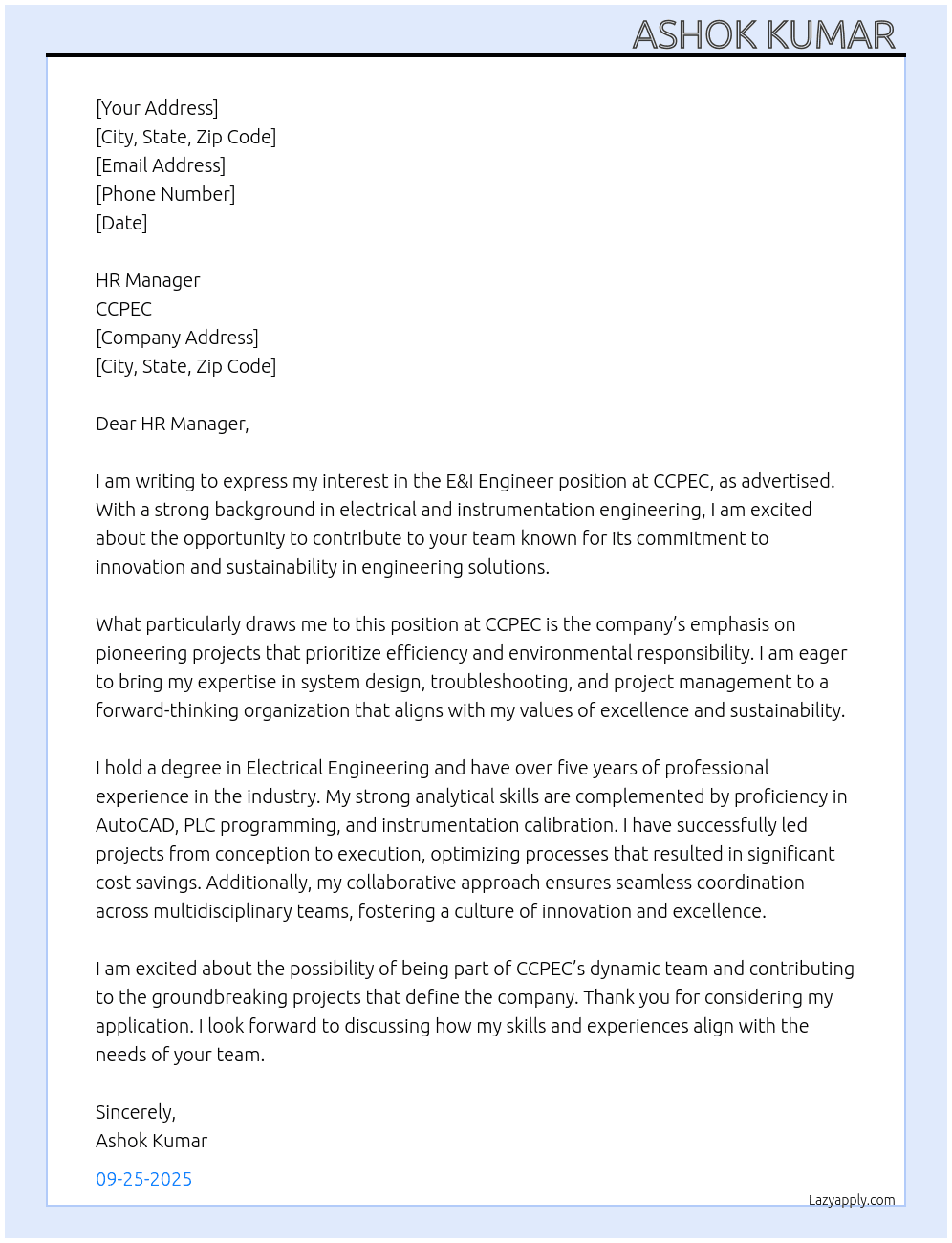 E&I ENGINEER  At CCPEC Cover Letter