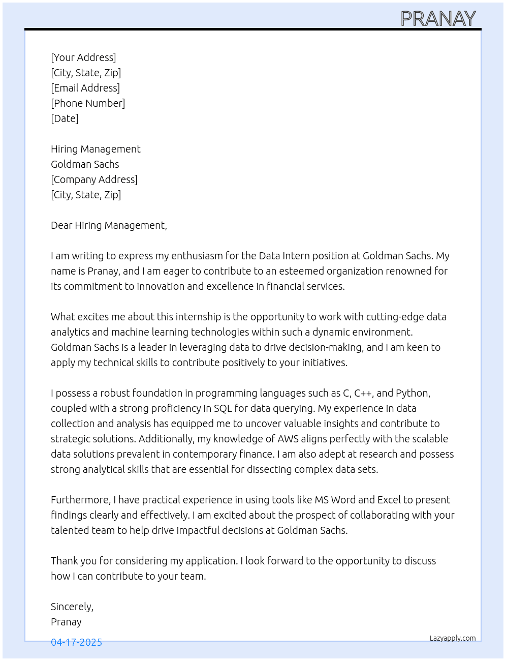 Cover letter for data internships - LazyApply
