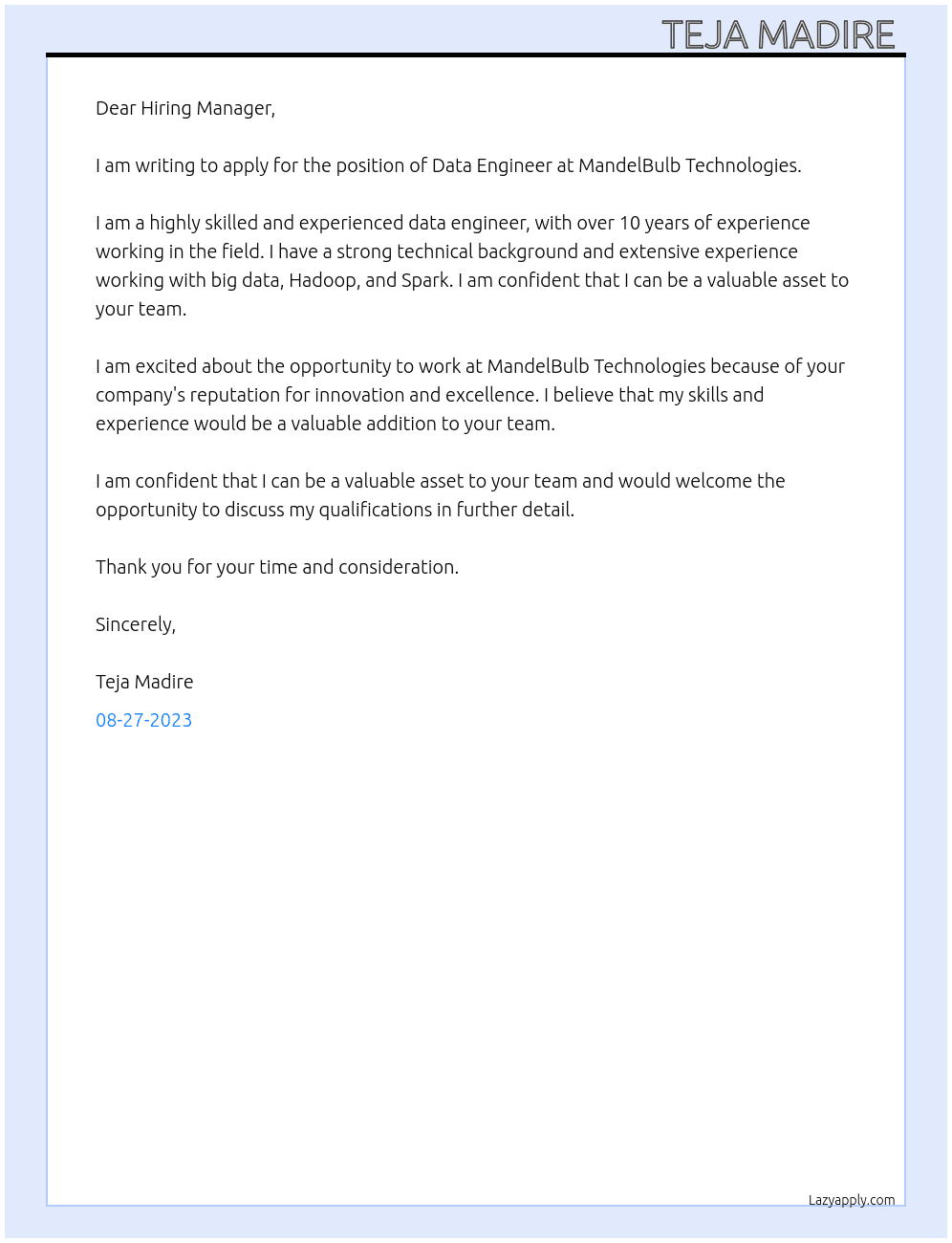 Data Engineer  At  MandelBulb Technologies Cover Letter