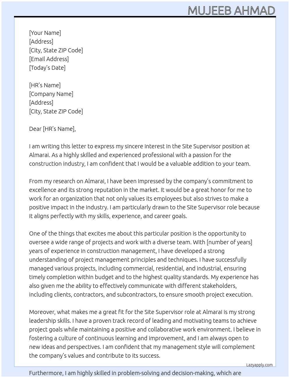 Site Supervisor At Almarai Cover Letter