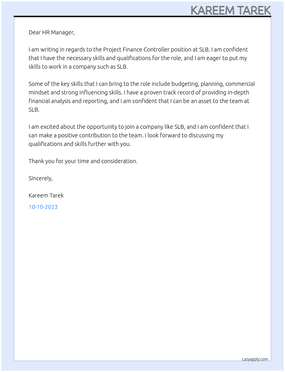 Project Finance Controller At SLB Cover Letter