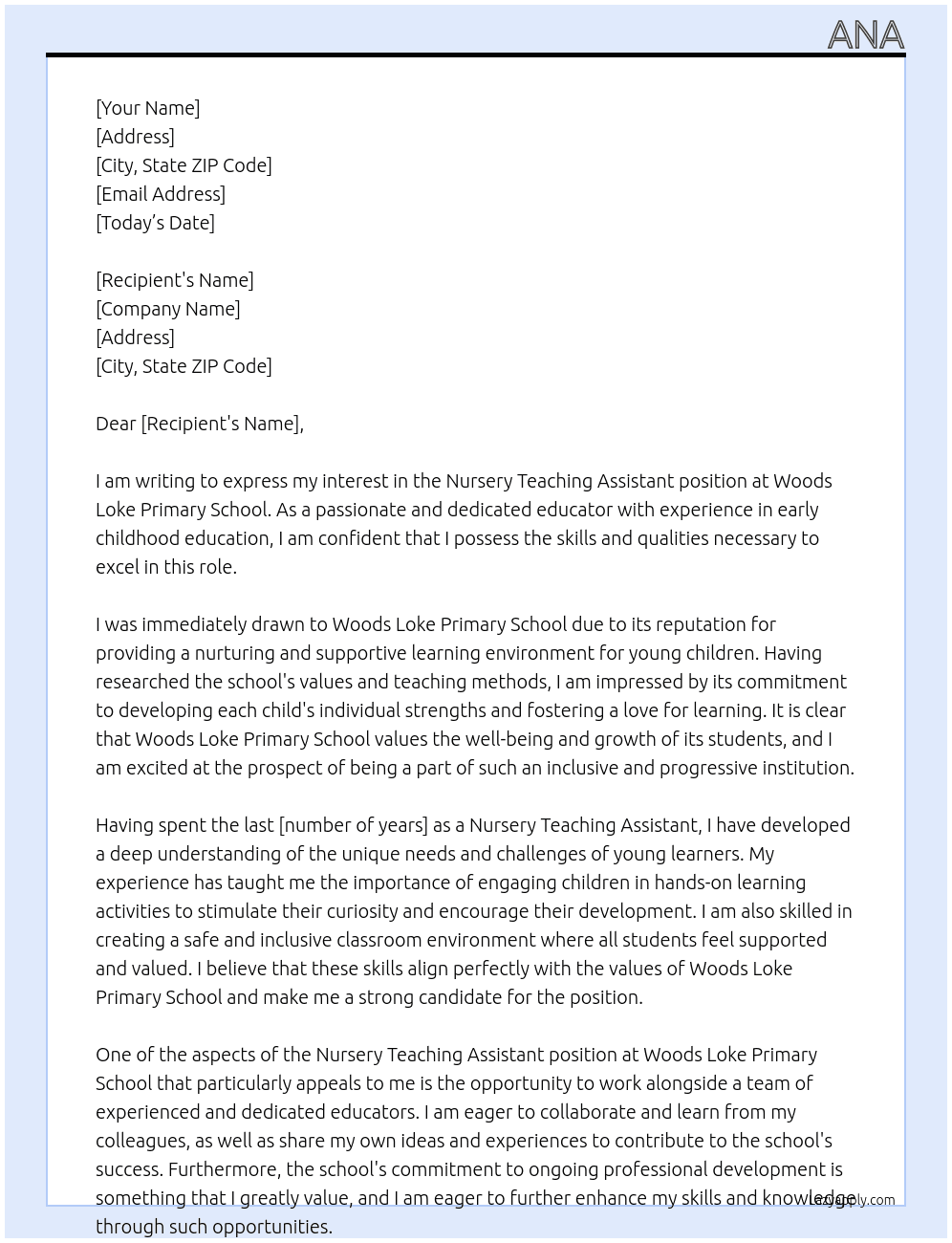 nursery teaching assistant At Woods loke Primary School Cover Letter