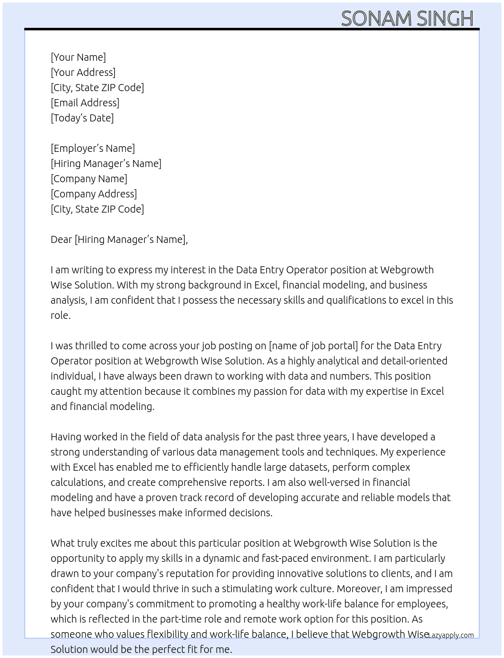Data entry operator job At Webgrowth wise solution  Cover Letter