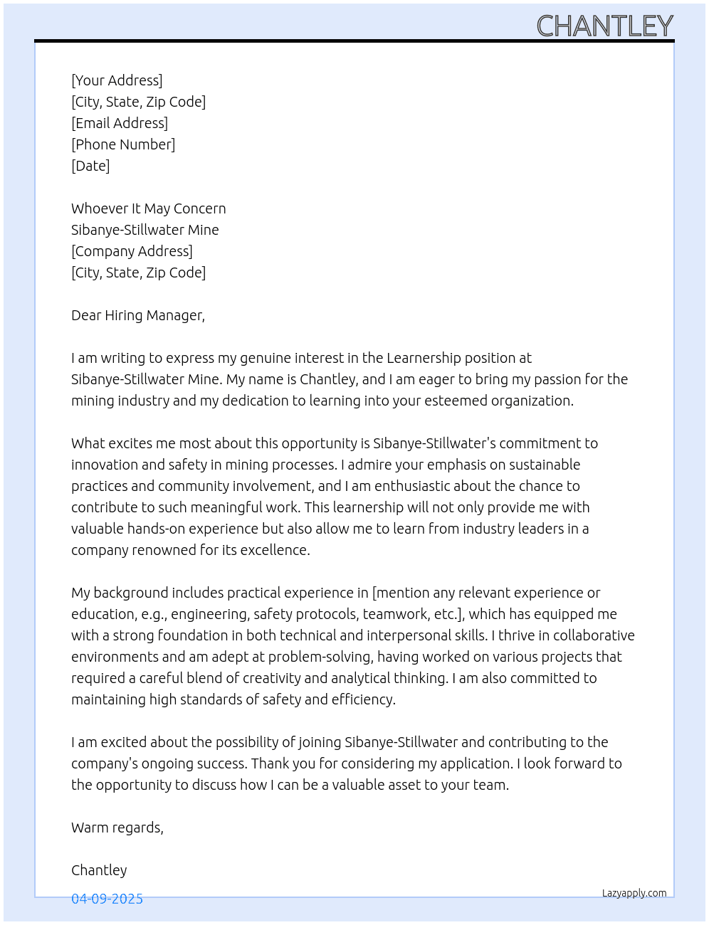 Learnership at the mine At Sibanye-Stillwater mine Cover Letter