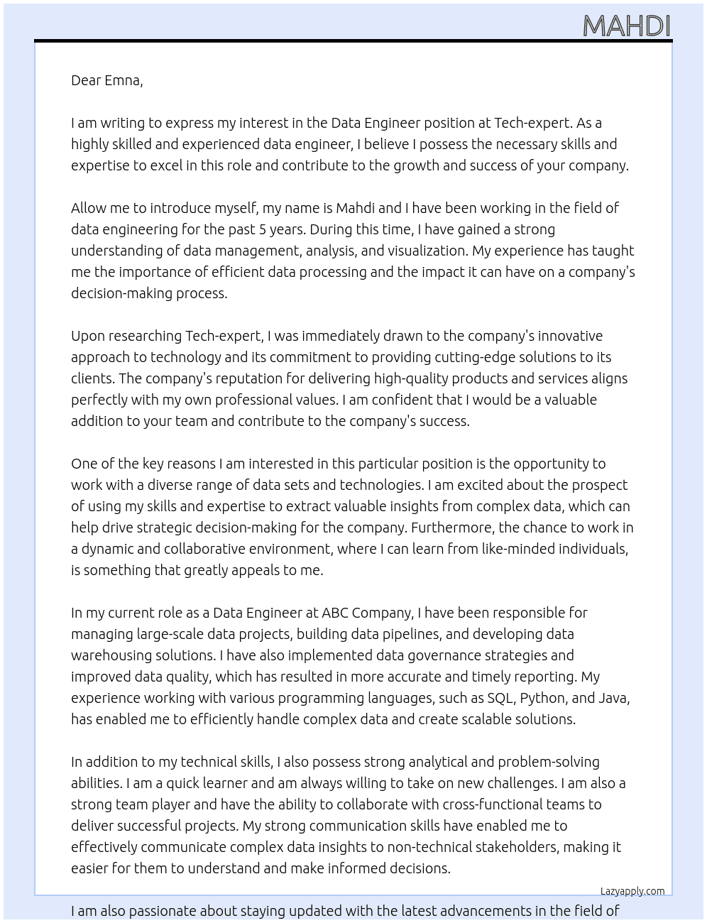 Data engineer At Tech-expert Cover Letter