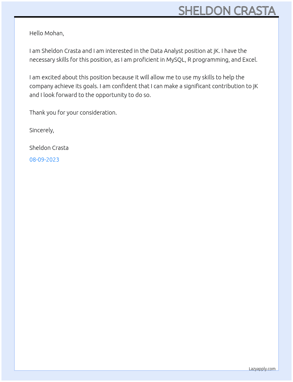 Data analyst  At jK Cover Letter