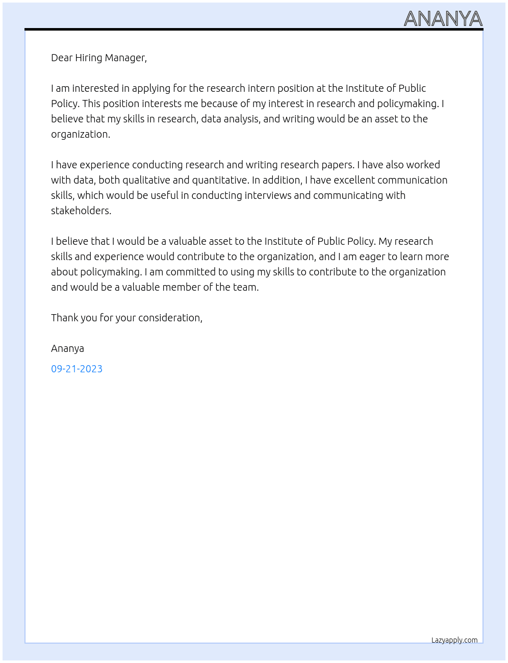 Research intern At Institute of public policy Cover Letter