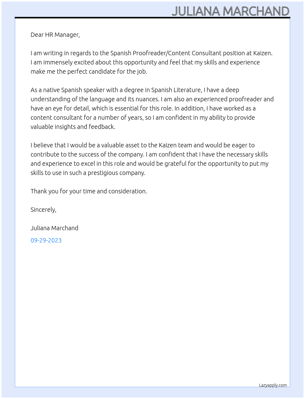 Spanish Proofreader/Content Consultant At Kaizen Cover Letter