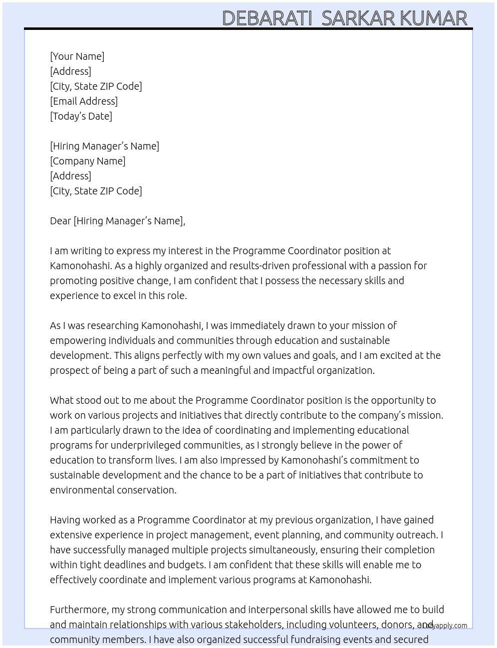 Programme Coordinator  At Kamonohashi  Cover Letter