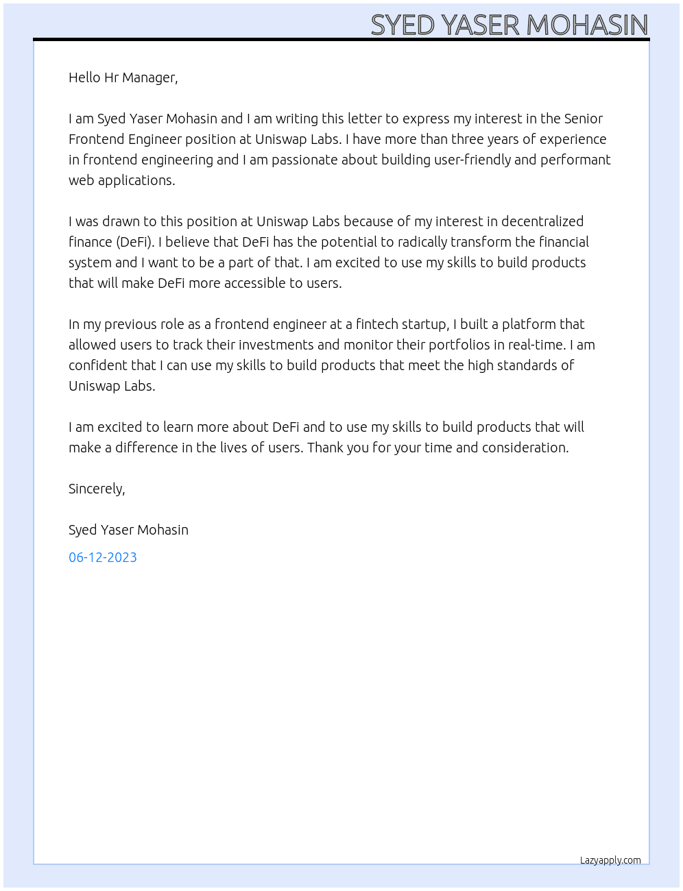 Senior Frontend Engineer At Uniswap Labs Cover Letter