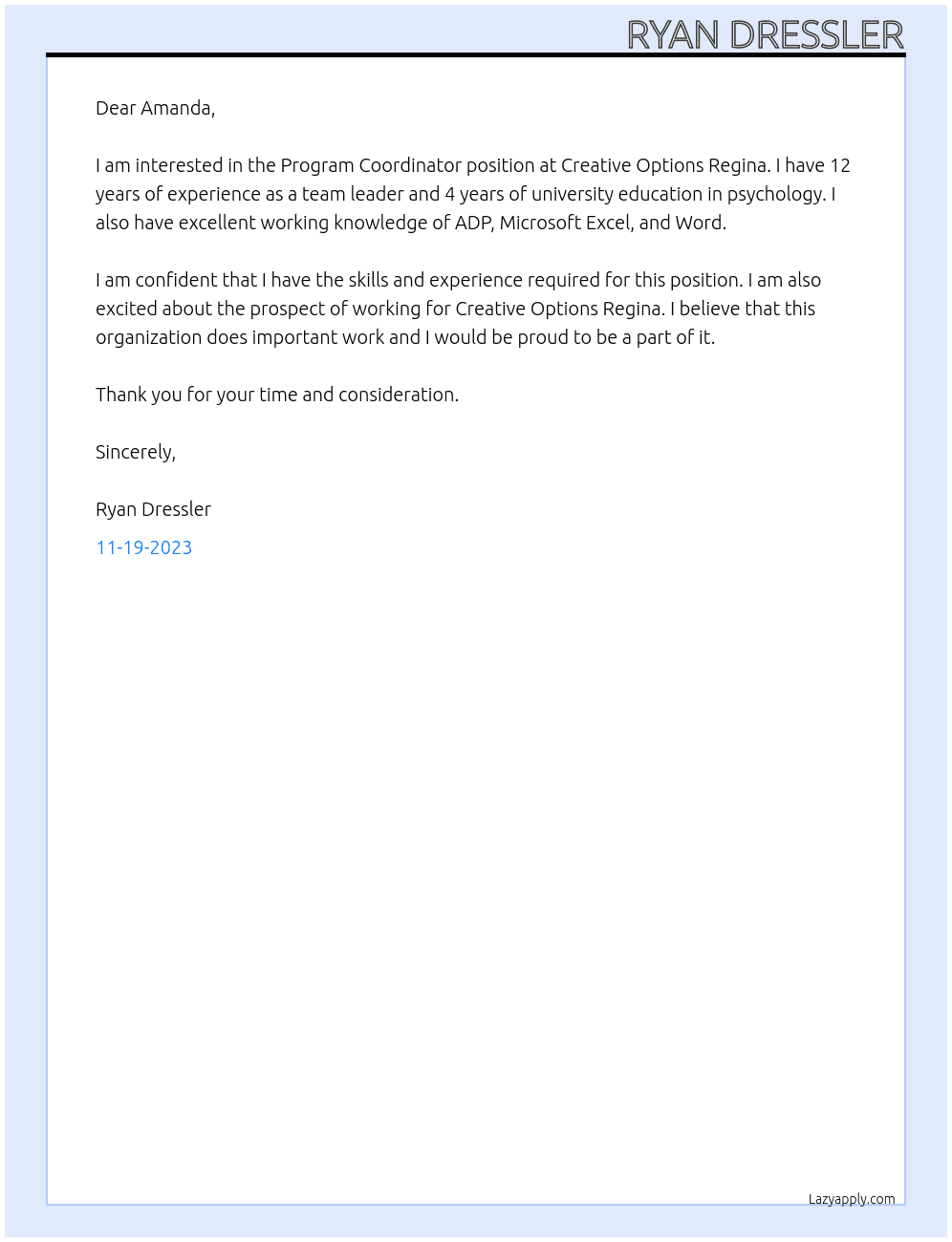 Program Coordinator At Creative Options Regina Cover Letter