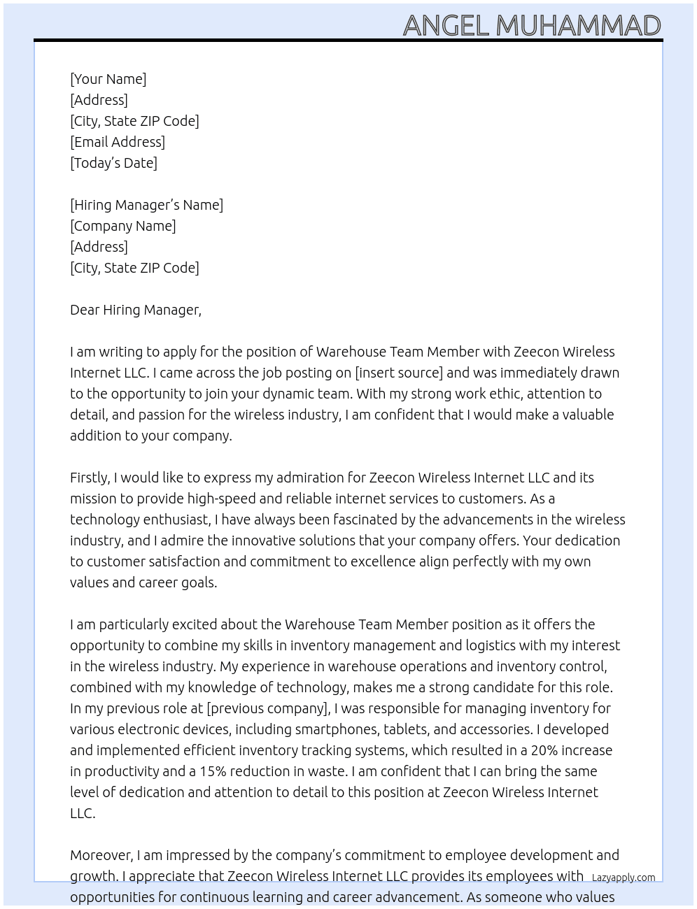 Warehouse team member At Zeecon Wireless Internet LLC Cover Letter