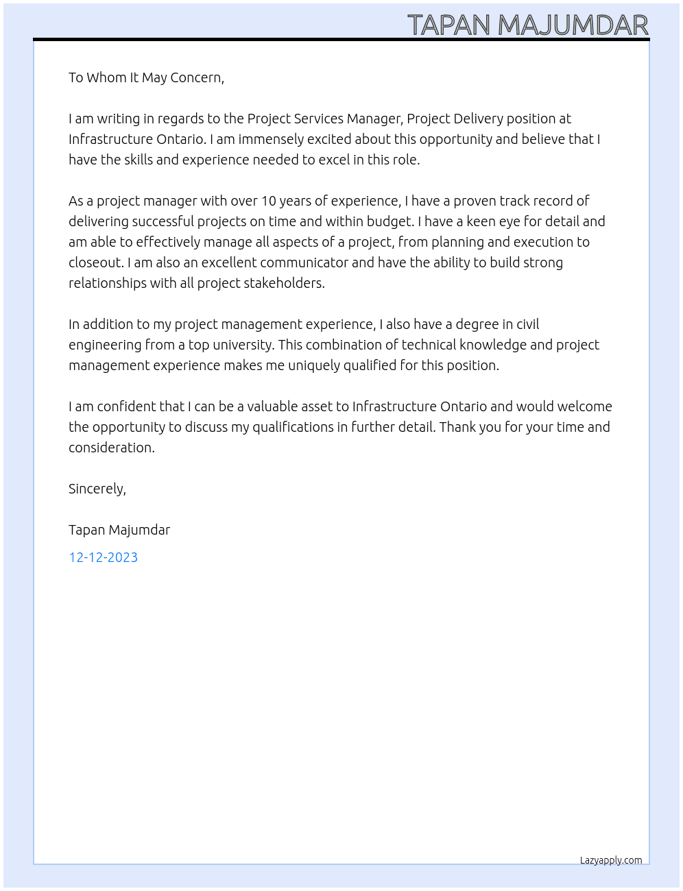 Project Services Manager, Project Delivery At Infrastucture Ontario Cover Letter