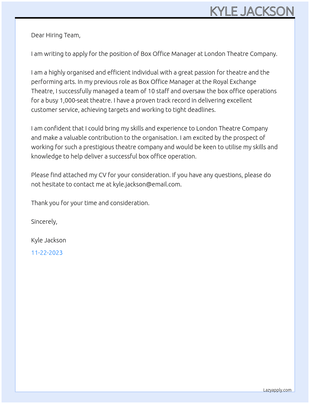 Box Office Manager At London Theatre Company Cover Letter