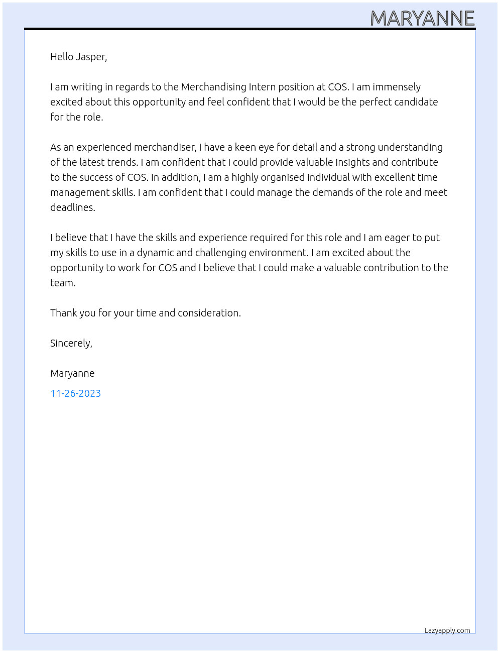 Merchandising Intern At COS Cover Letter