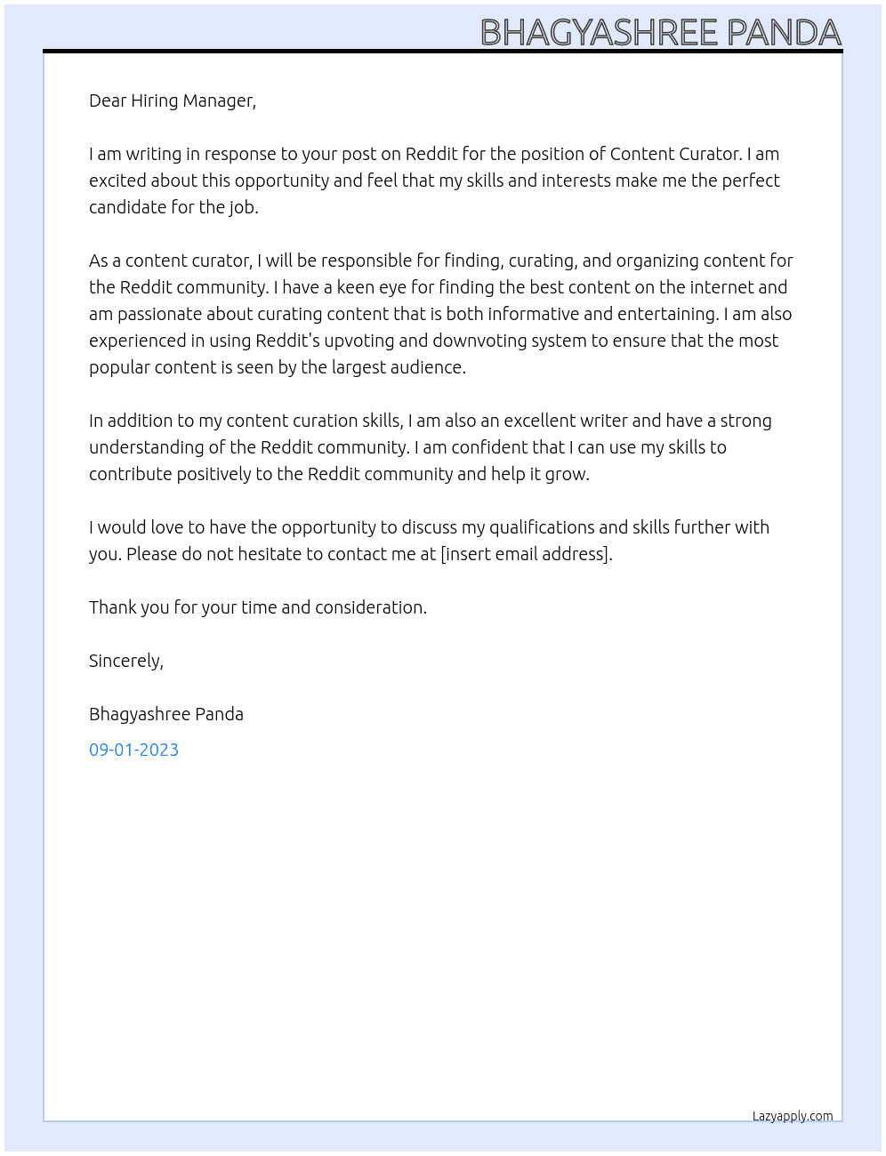 Content Curator At Reddit Cover Letter
