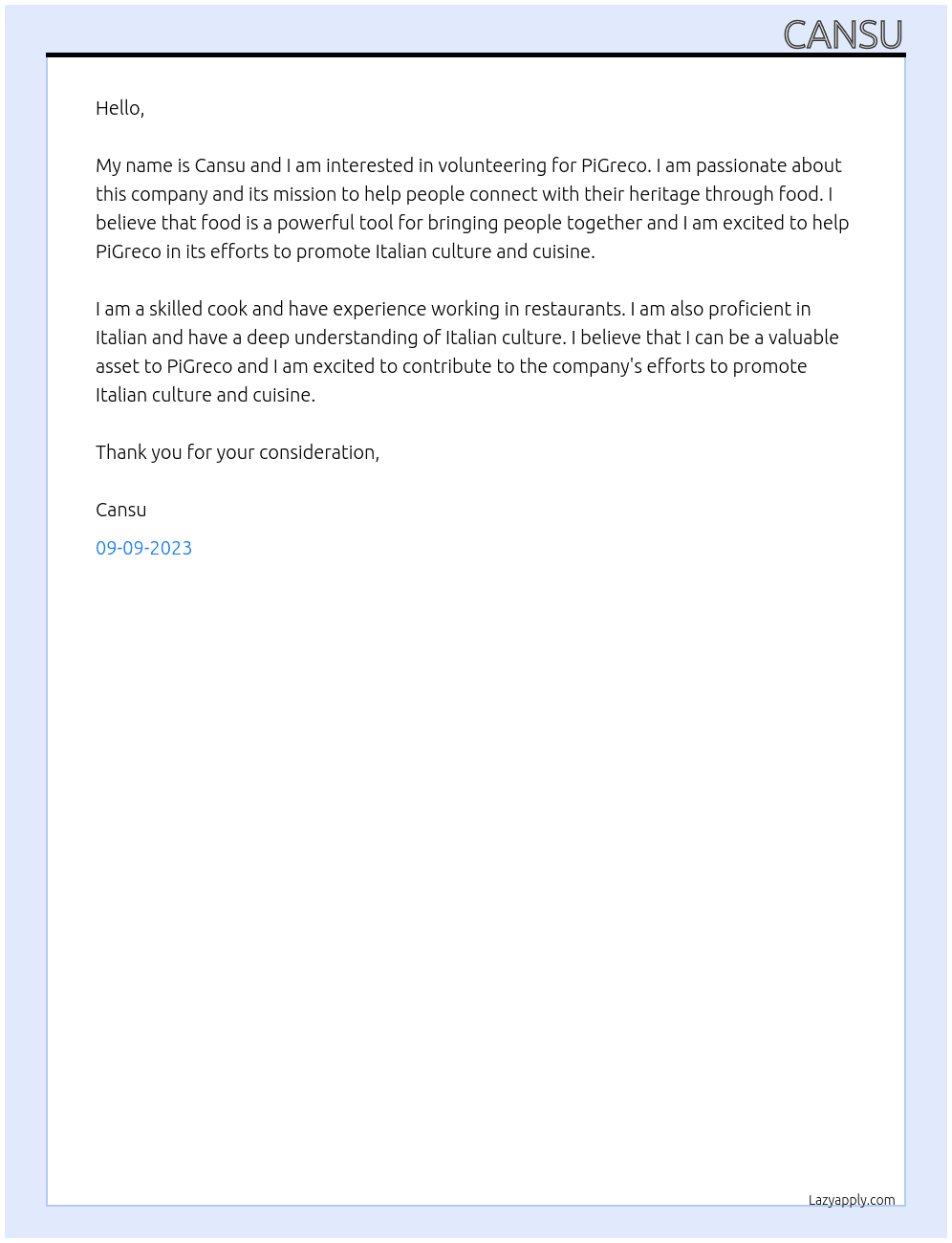 volunteering At PiGreco Cover Letter
