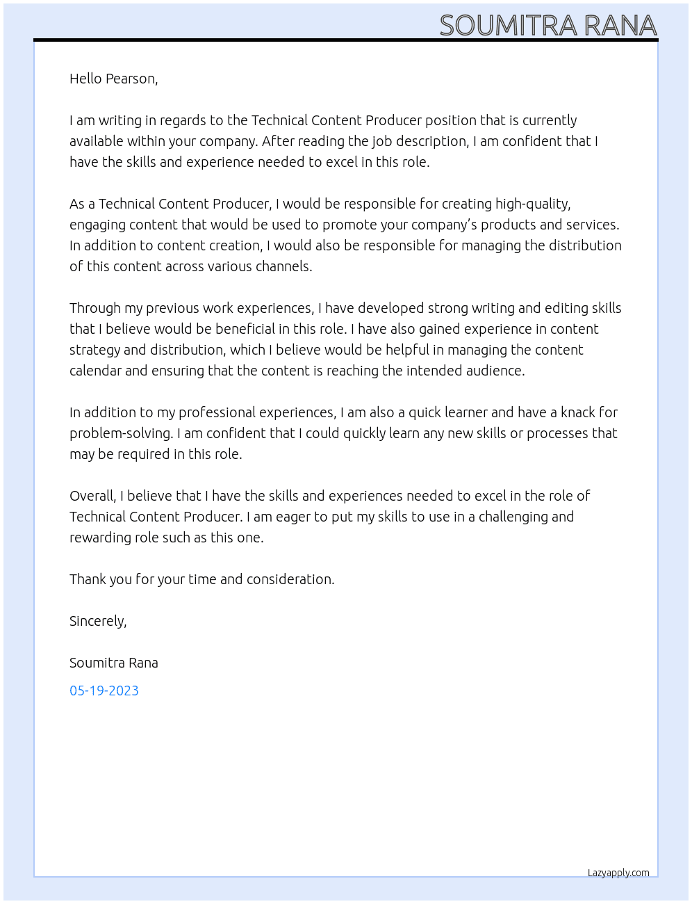 Technical Content Producer At Pearaon Cover Letter