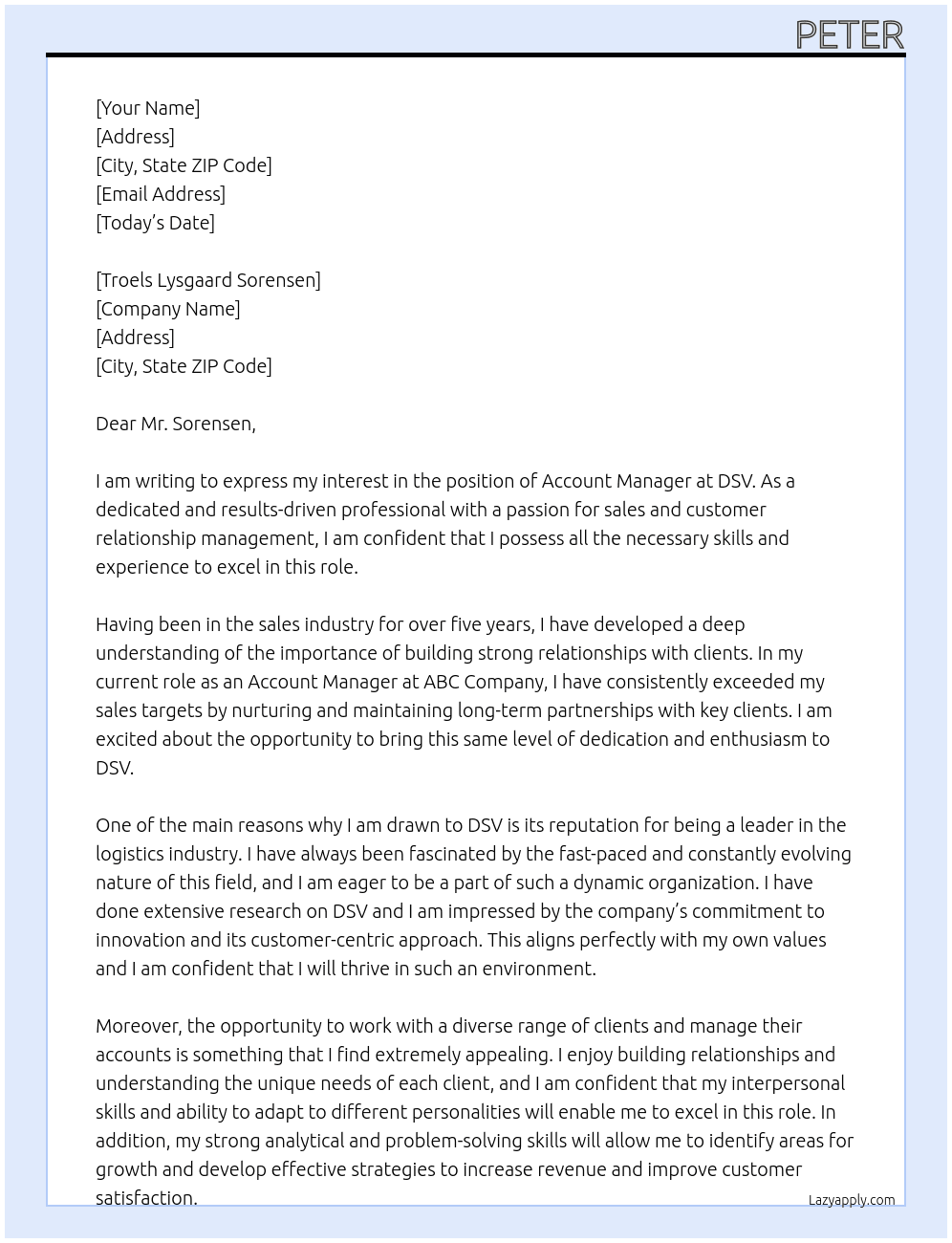 Account Manager At DSV Cover Letter