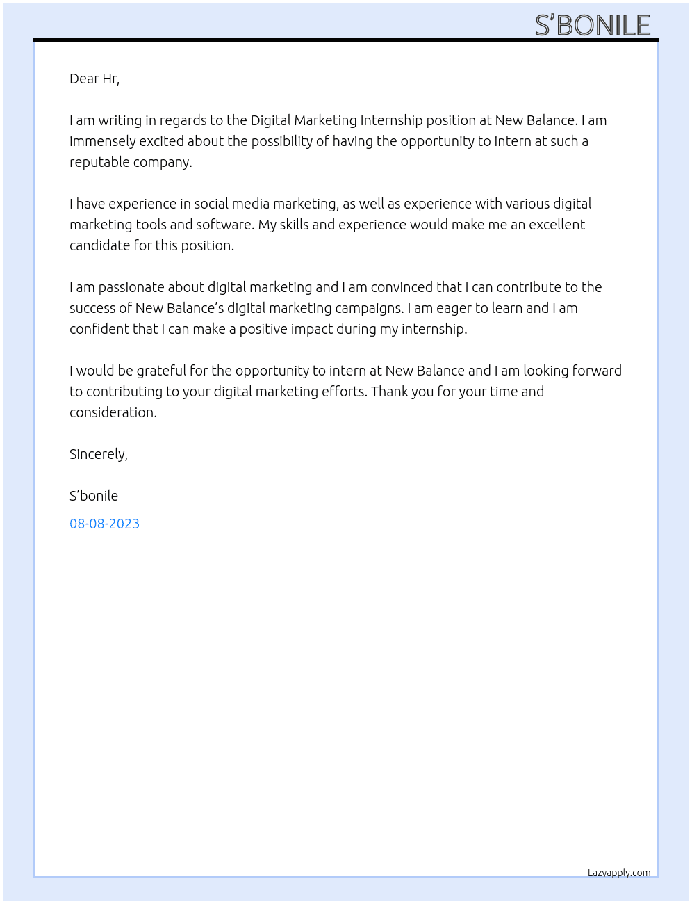 Digital Marketing Internship At New Balance  Cover Letter