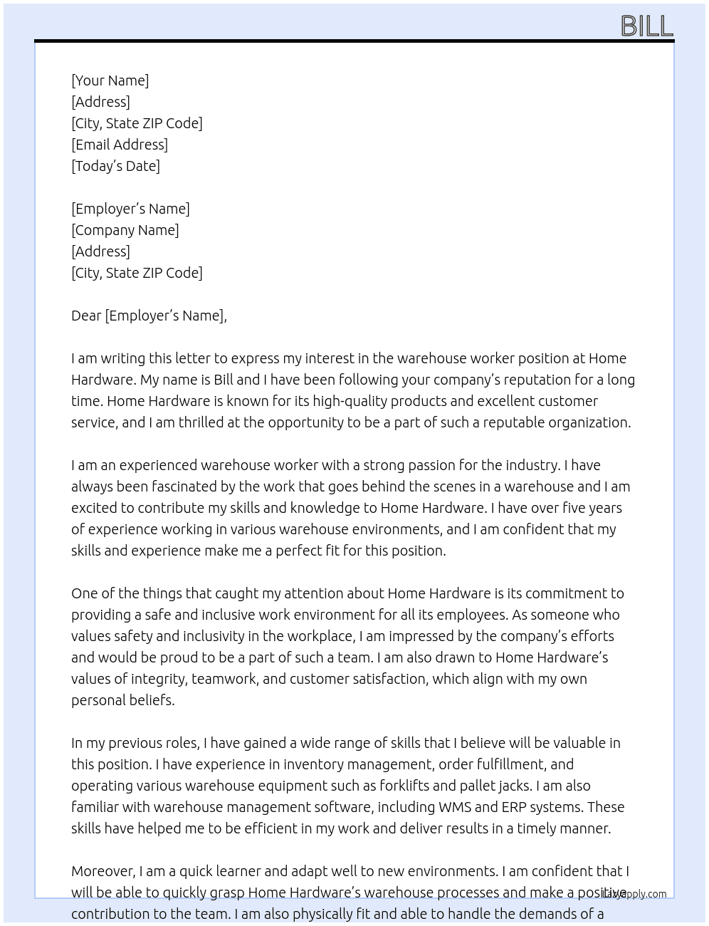 warehouse worker At Home Hardware Cover Letter