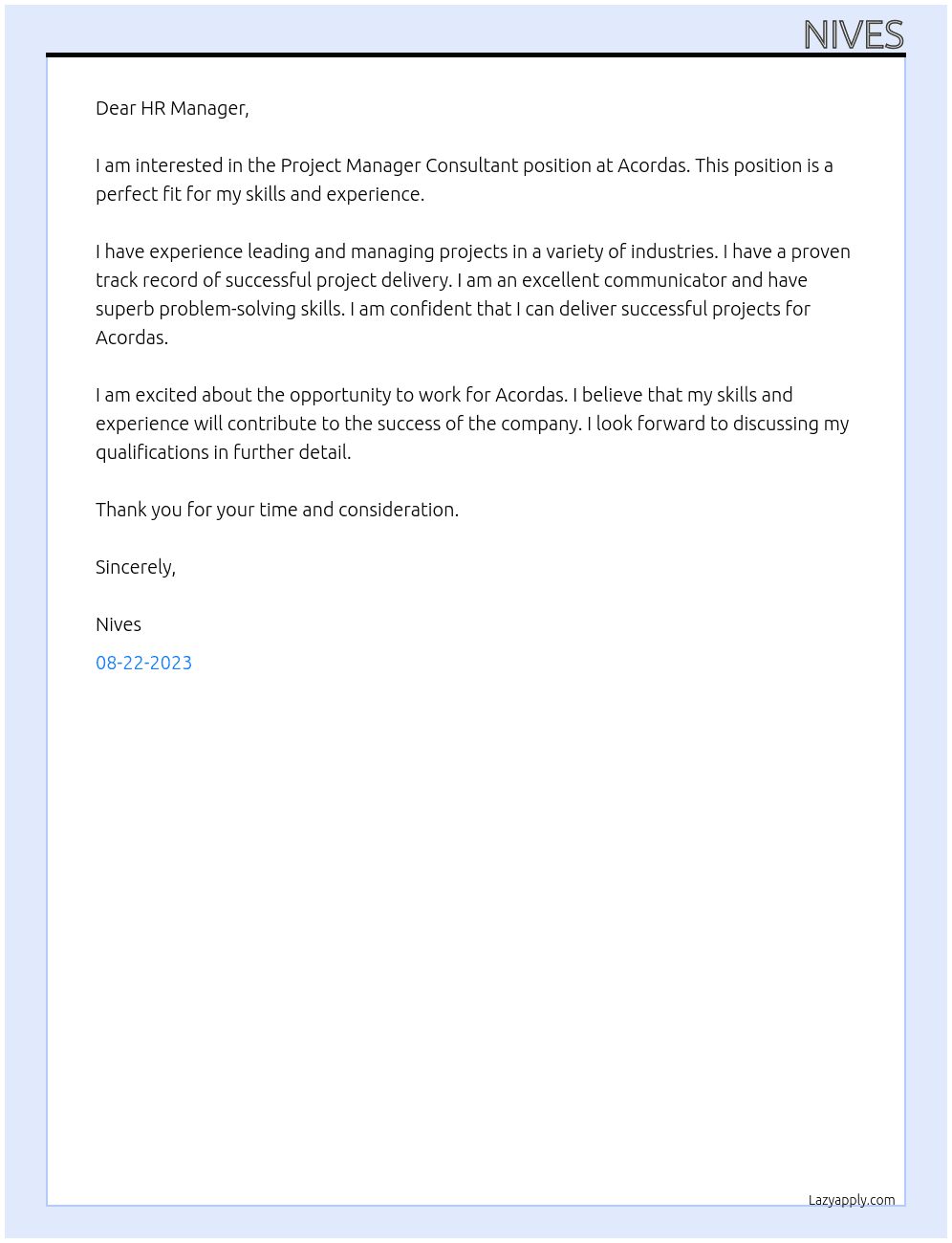 project manager consultant At Acordas Cover Letter