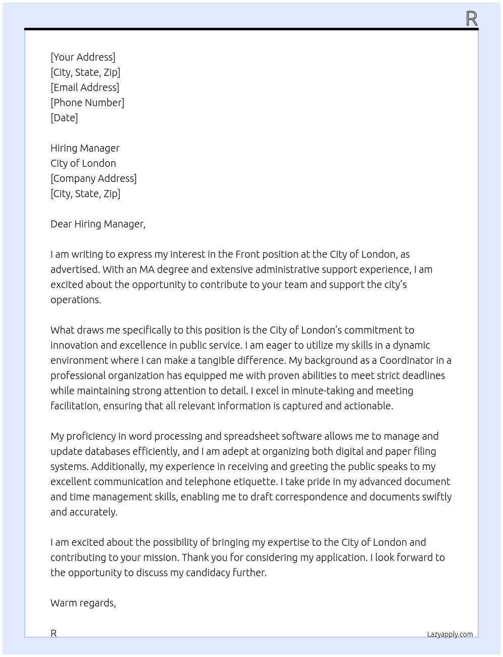 Front  At City of London Cover Letter