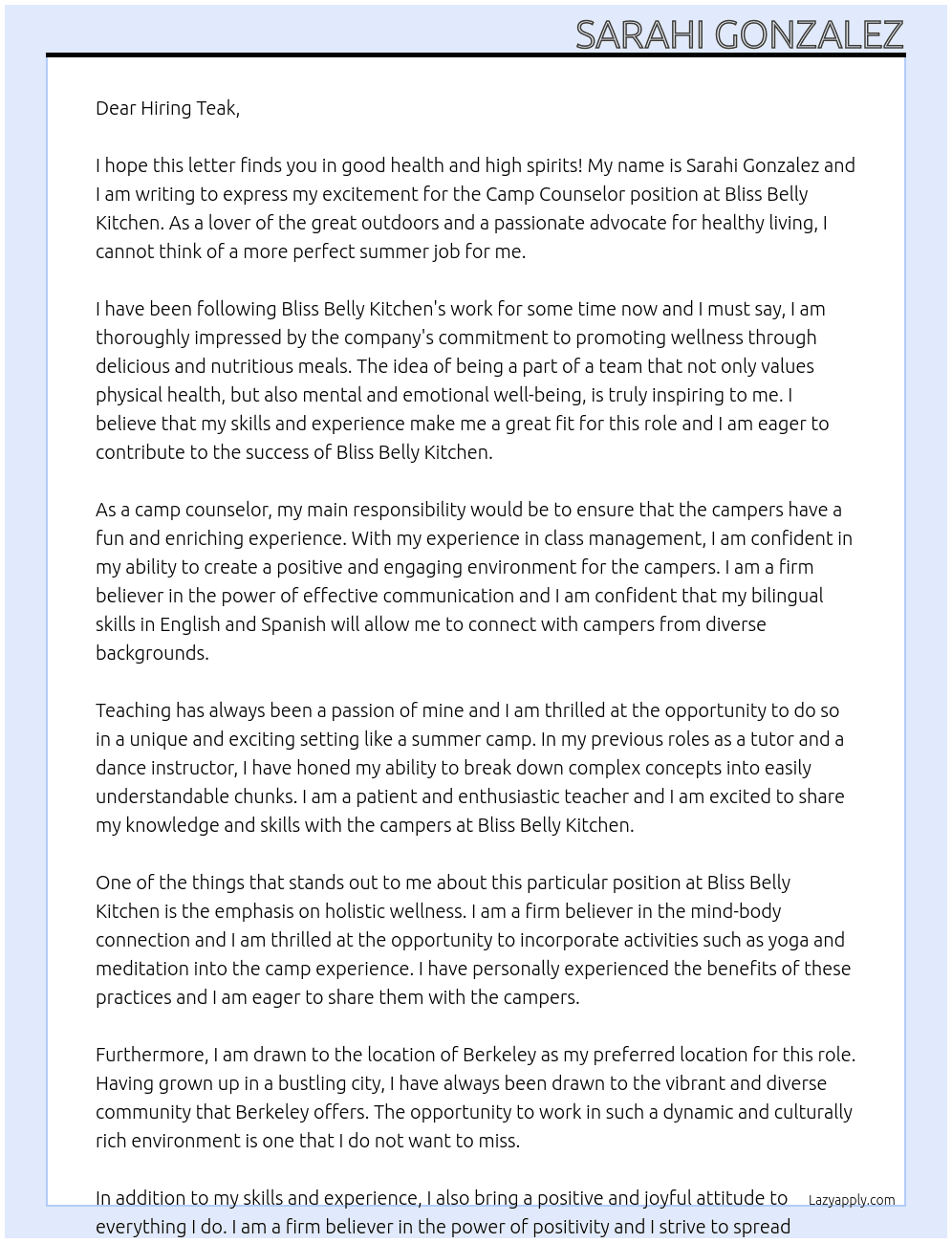 Camp Couselor  At Bliss Belly Kitchen  Cover Letter