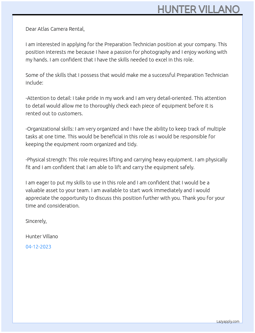 Preparation Technician At Atlas Camera Rental Cover Letter