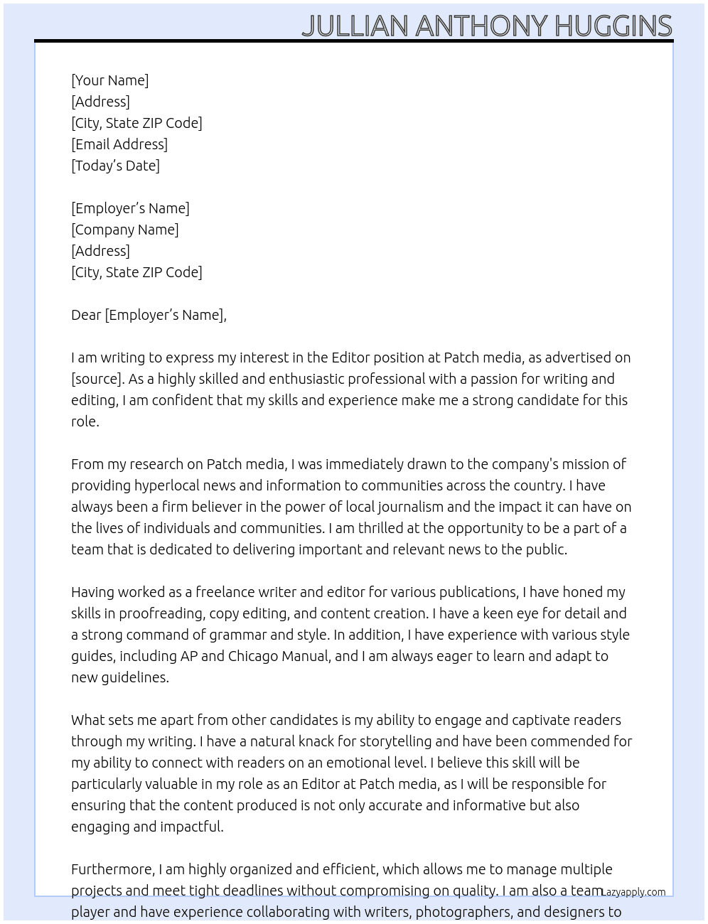 Editor At Patch media  Cover Letter