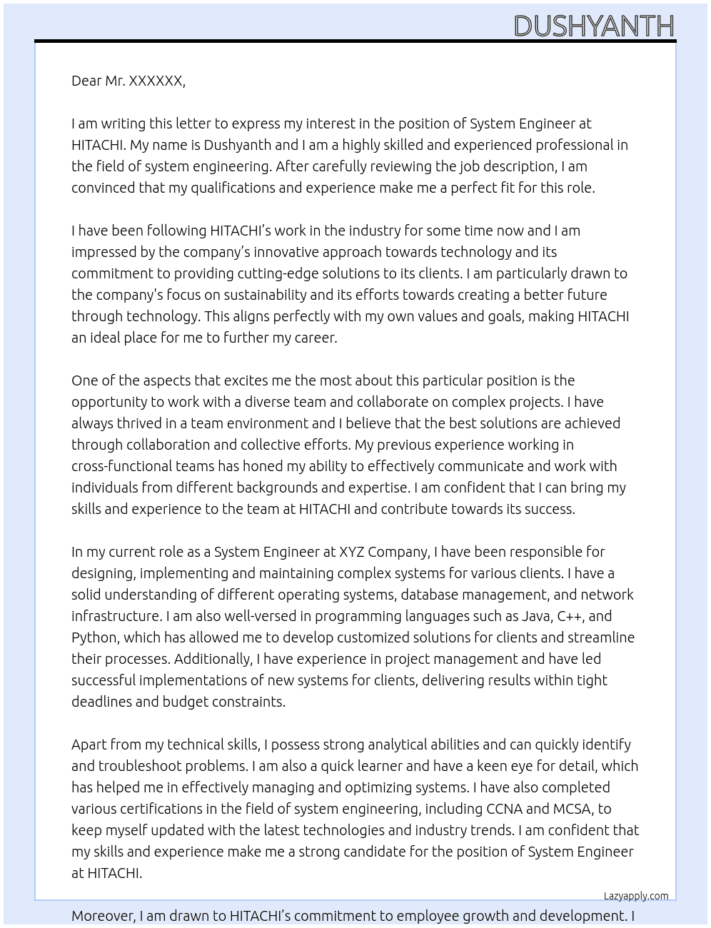 System Engineer At HITACHI Cover Letter