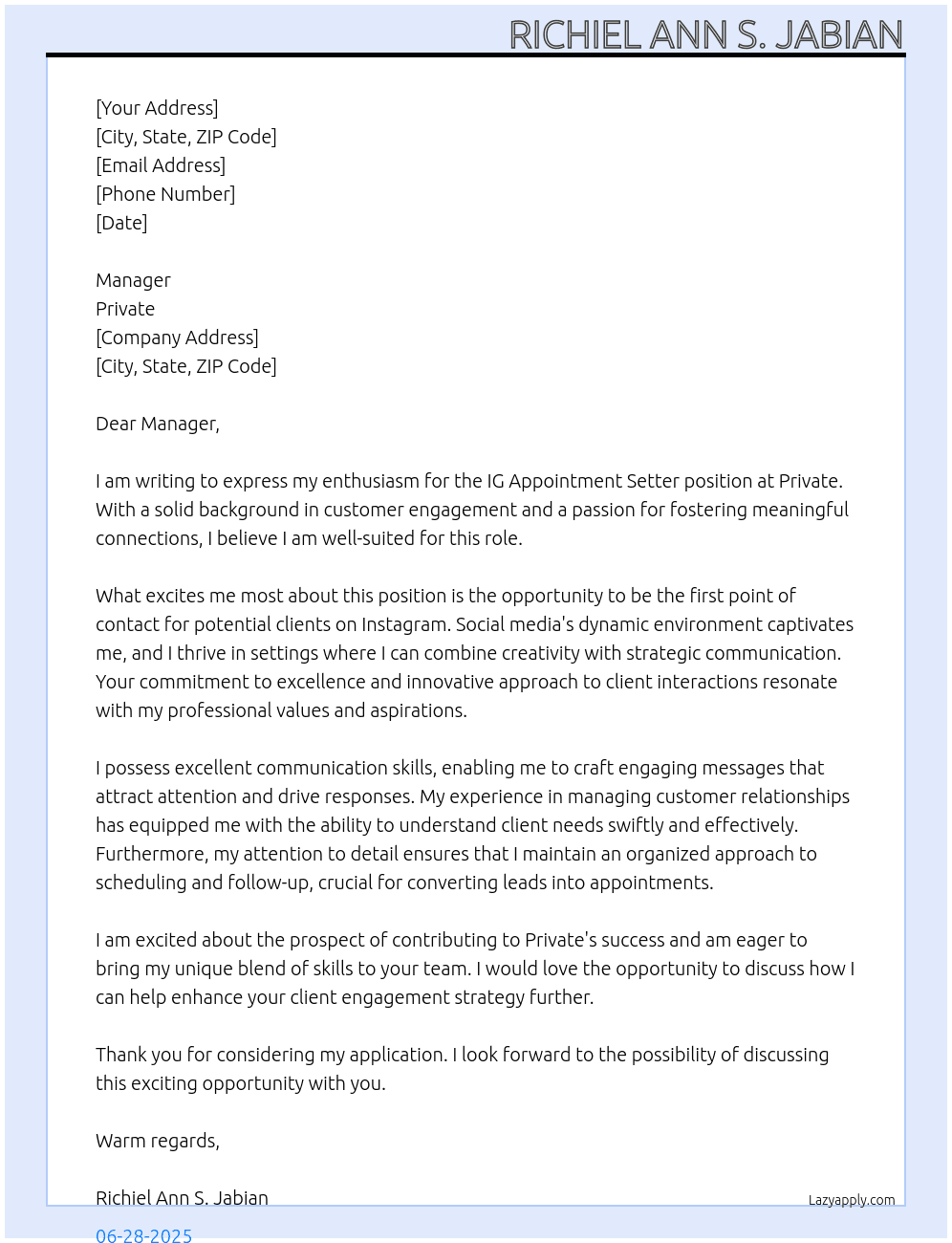 IG Appointment Setter At Private  Cover Letter