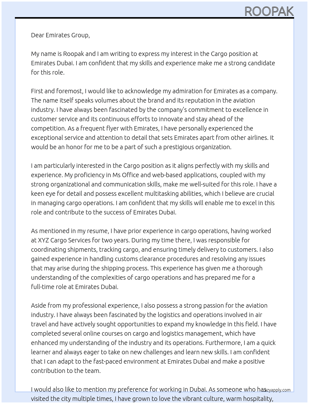 Cargo  At Emirates dubai Cover Letter
