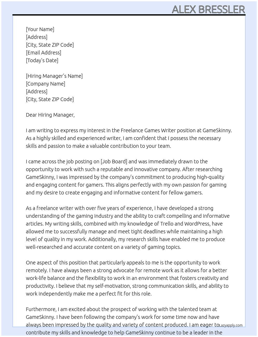 Freelance Games Writer At GameSkinny Cover Letter