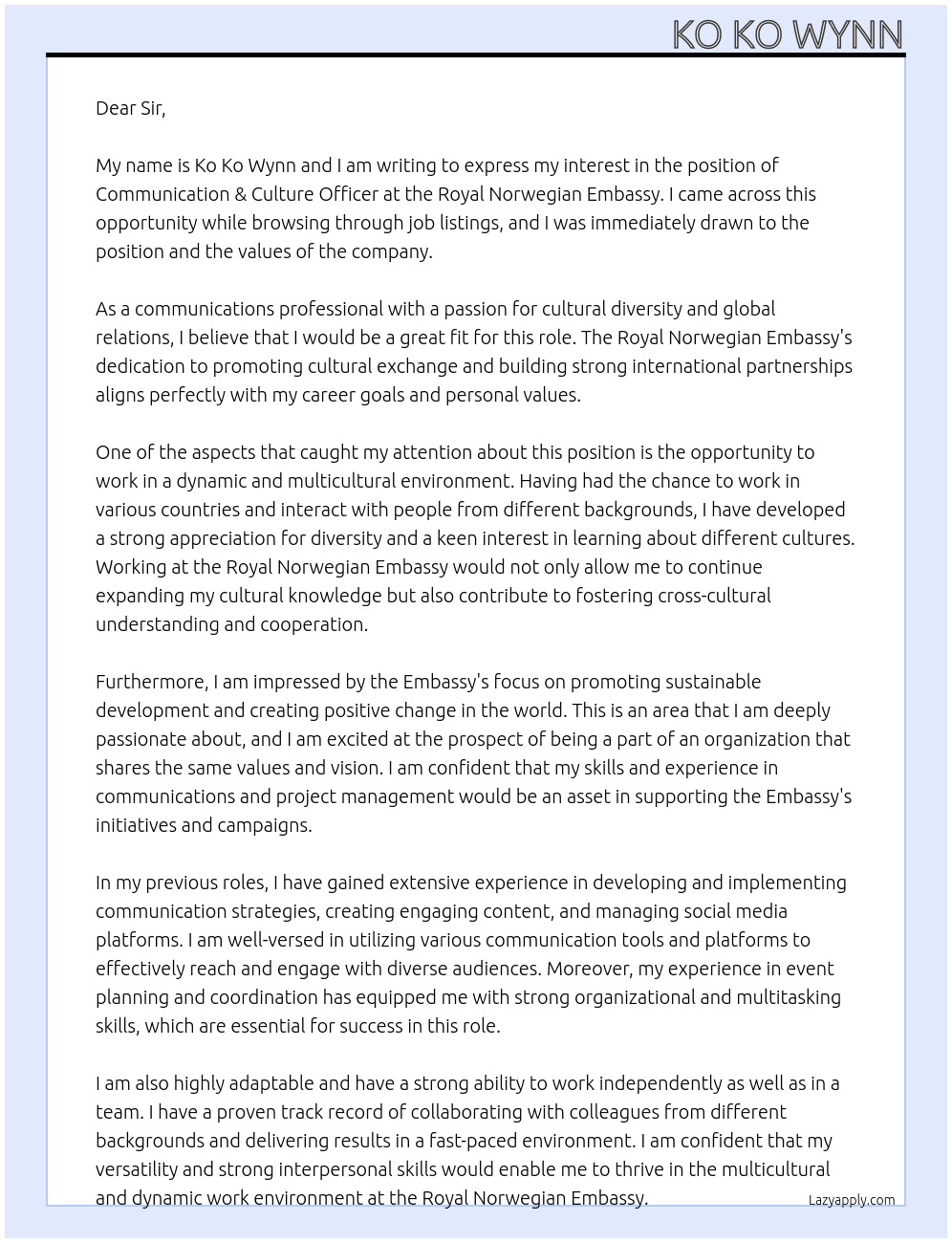 Communication & culture Officer  At Royal Norwegian Embassy   Cover Letter