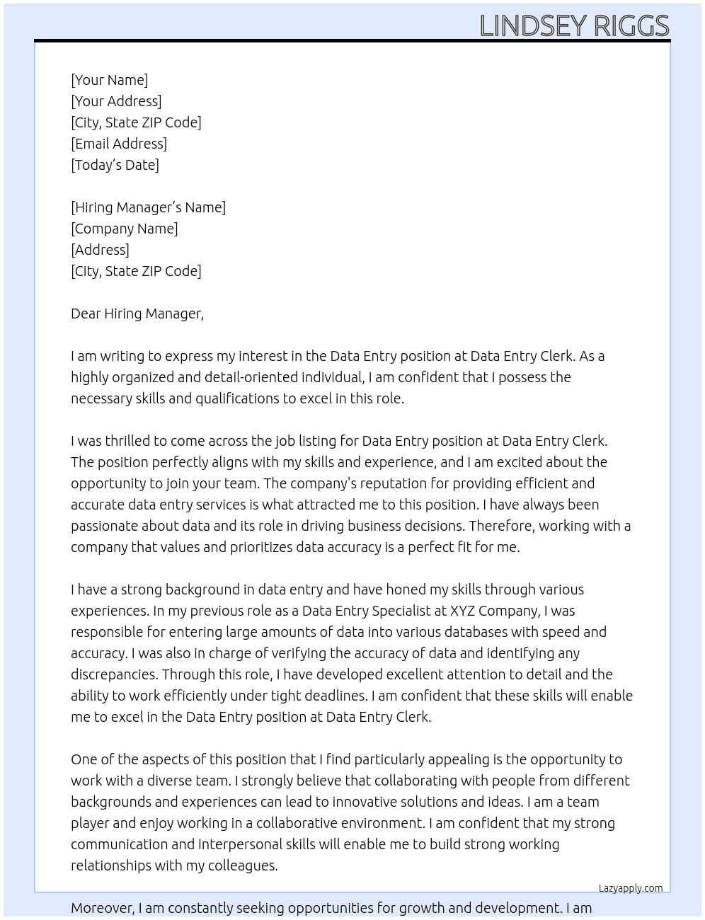 Data Entry At Data Entry Clerk Cover Letter