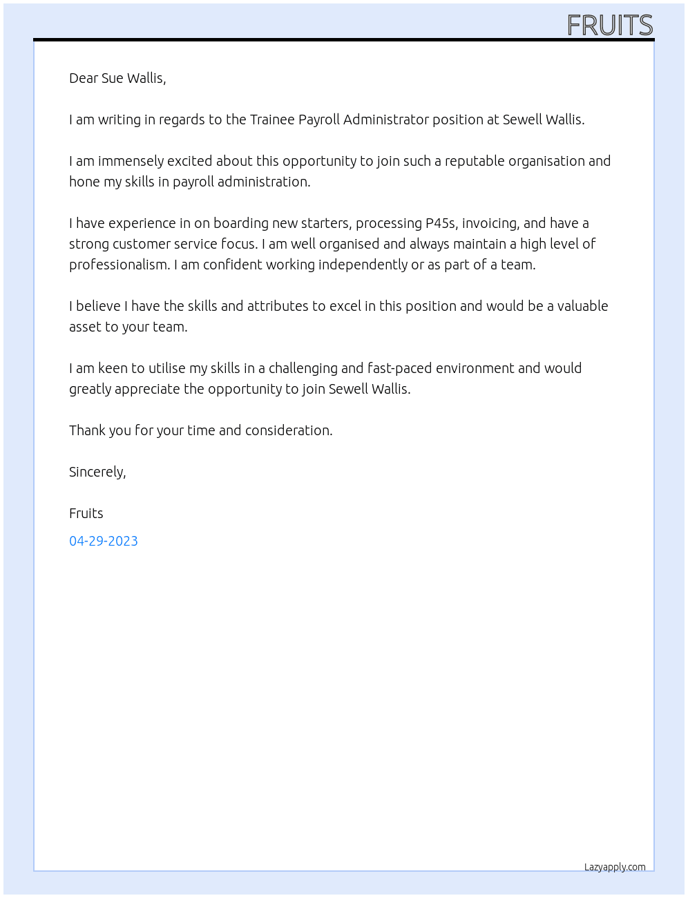 Trainee Payroll Administrator  At Sewell Wallis Cover Letter