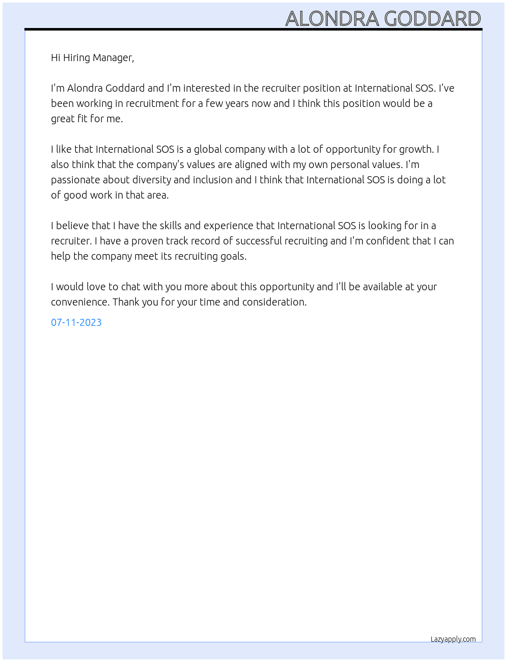 Recruiter At International SOS Cover Letter