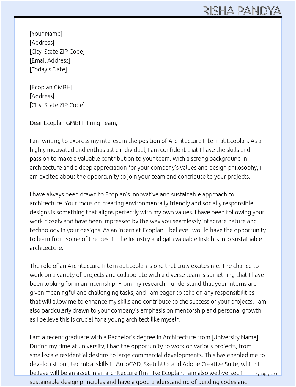 Architecture intern At Ecoplan Cover Letter